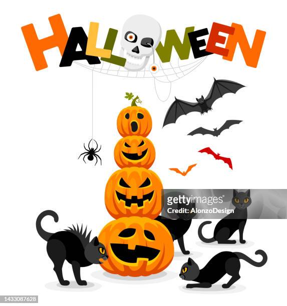 stockillustraties, clipart, cartoons en iconen met halloween party poster. bats, cats, pumpkins and party flags. - halloween cats