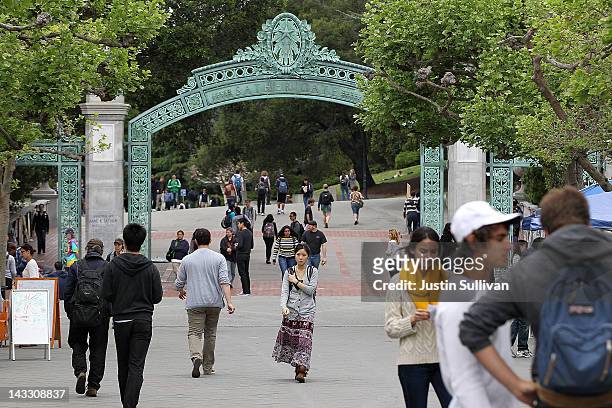 Berkeley students walk through Sproul Plaza on the UC Berkeley campus April 23, 2012 in Berkeley, California. According to reports, half of all...