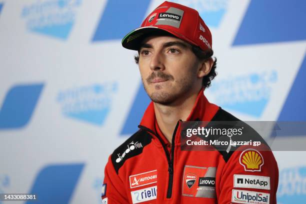 Francesco Bagnaia of Italy and Ducati Lenovo Team looks on during the press conference pre-event during previews ahead of the MotoGP of Australia at...