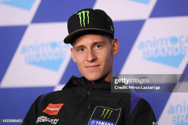 Fabio Quartararo of France and Monster Energy Yamaha MotoGP Team looks on during the press conference pre-event during previews ahead of the MotoGP...