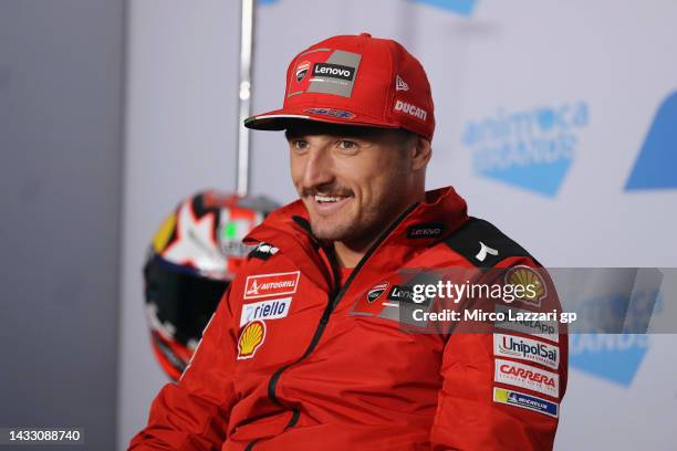 Jack Miller of Australia and Ducati Lenovo Team speaks during the press conference pre-event during previews ahead of the MotoGP of Australia at...