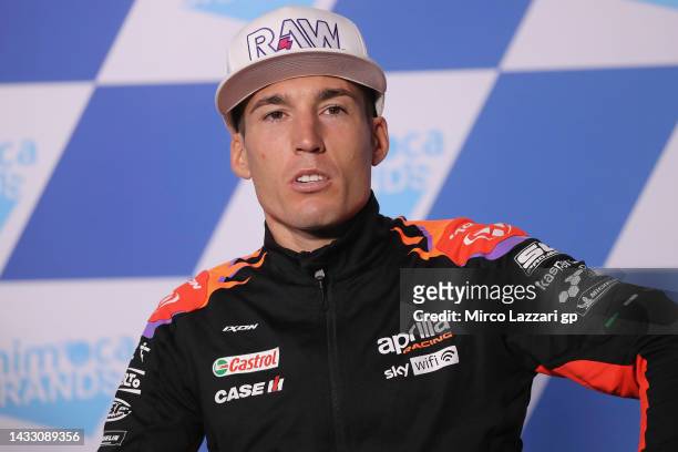 Aleix Espargaro of Spain and Aprilia Racing looks on during the press conference pre-event during previews ahead of the MotoGP of Australia at...