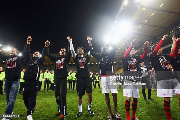 Players of Frankfurt celebrate with the fans after the Second Bundesliga match between Alemannia Aachen and Eintracht Frankfurt at Tivoli Stadium on...