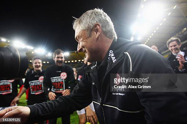 Head coach Armin Veh of Frankfurt celebrates with the fans after the Second Bundesliga match between Alemannia Aachen and Eintracht Frankfurt at...