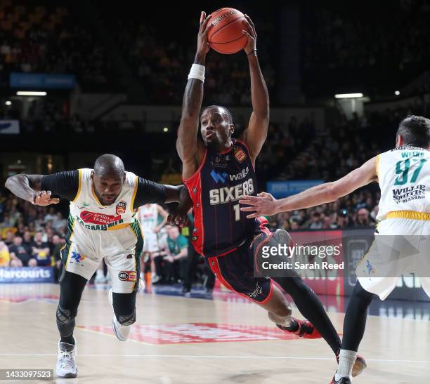 Antonius Cleveland of the 36ers and Milton Doyle of the Jack Jumpers and Jarrad Weeks of the Jack Jumpers during the round three NBL match between...