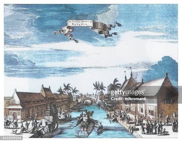 old illustration of view of the tijgersgracht (tiger's canal) on batavia, dutch east indies (jakarta, indonesia) - koloniale stijl stockfoto's en -beelden