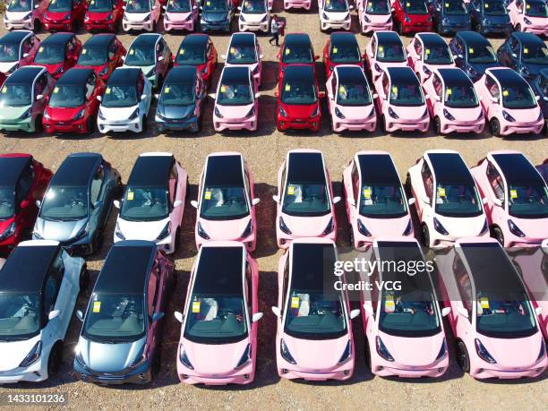 Aerial view of Chery eQ1, or Little Ant in Chinese, electric cars sitting parked at a factory of Chery New Energy Automobile Co., Ltd on October 13,...