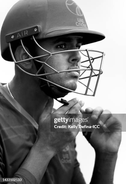 Aryan Lakra of the UAE prepares to bat during a ICC 2022 Men's T20 World Cup squad United Arab Emirates training session at Melbourne Cricket Ground...