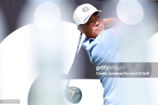 Hideto Tanihara of Torque GC plays his shot from the first tee during the pro-am prior to the LIV Golf Invitational - Jeddah at Royal Greens Golf &...