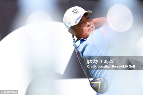 Hideto Tanihara of Torque GC plays his shot from the first tee during the pro-am prior to the LIV Golf Invitational - Jeddah at Royal Greens Golf &...