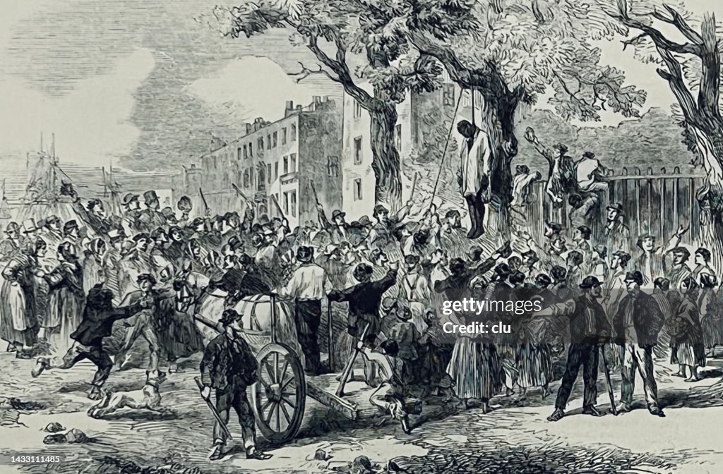 New York City, 1863 Riots first evening, hanging of William Jones in Greenwich Village