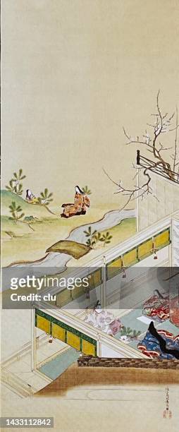 stockillustraties, clipart, cartoons en iconen met history of prince genji, japan, 17th century - roman landscapes