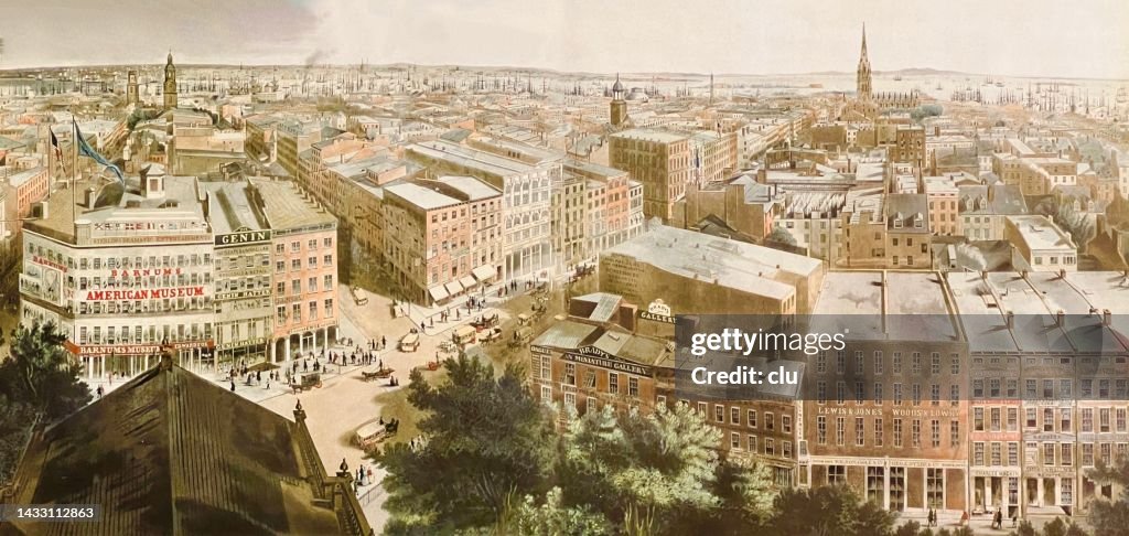 New York City 1855, aereial view of the Southern Broadway to the Trinity church