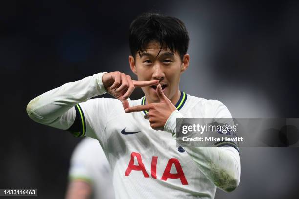 Son Heung-Min of Tottenham Hotspur celebrates afters coring during the UEFA Champions League group D match between Tottenham Hotspur and Eintracht...