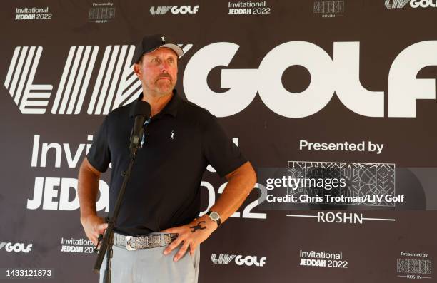 Team Captain Phil Mickelson of Hy Flyers GC speaks to the media during a press conference after the pro-am prior to the LIV Golf Invitational -...