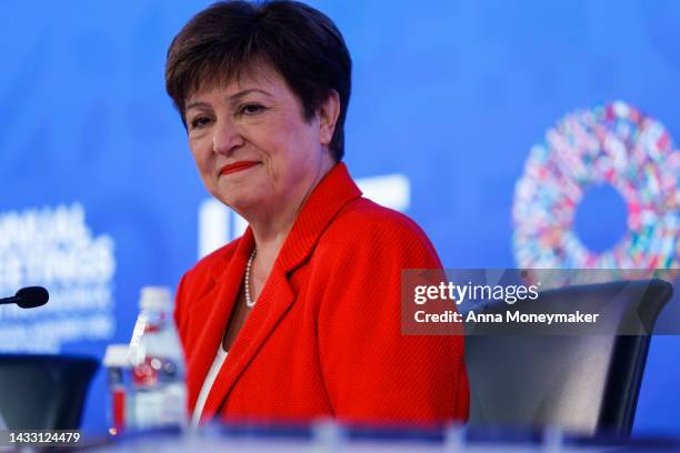 Managing Director Kristalina Georgieva speaks at a press conference on the fourth day of the IMF and World Bank Annual Meetings at the International...