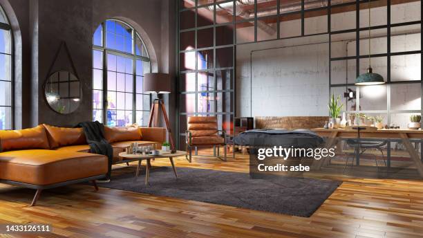 wohnzimmer im industriellen stil mit sessel, ecksofa, ziegelmauer bei nacht - living room dark stock-fotos und bilder
