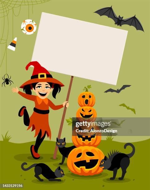 bildbanksillustrationer, clip art samt tecknat material och ikoner med halloween poster. funny witch with banner sign. funny party. - cover monster face