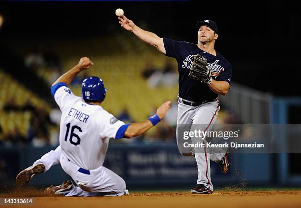 Dan Uggla of the Atlanta Braves throws to first base to complete a double play against Andre Ethier of the Los Angeles Dodgers during the first...