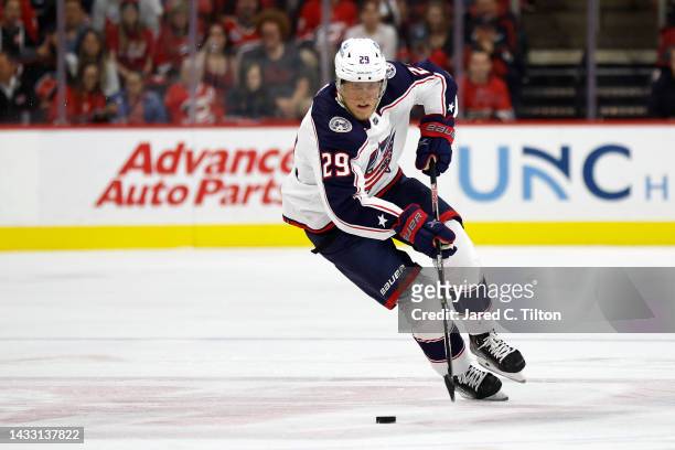 Patrik Laine of the Columbus Blue Jackets skates with the puck during the first period of the game against the Carolina Hurricanes at PNC Arena on...