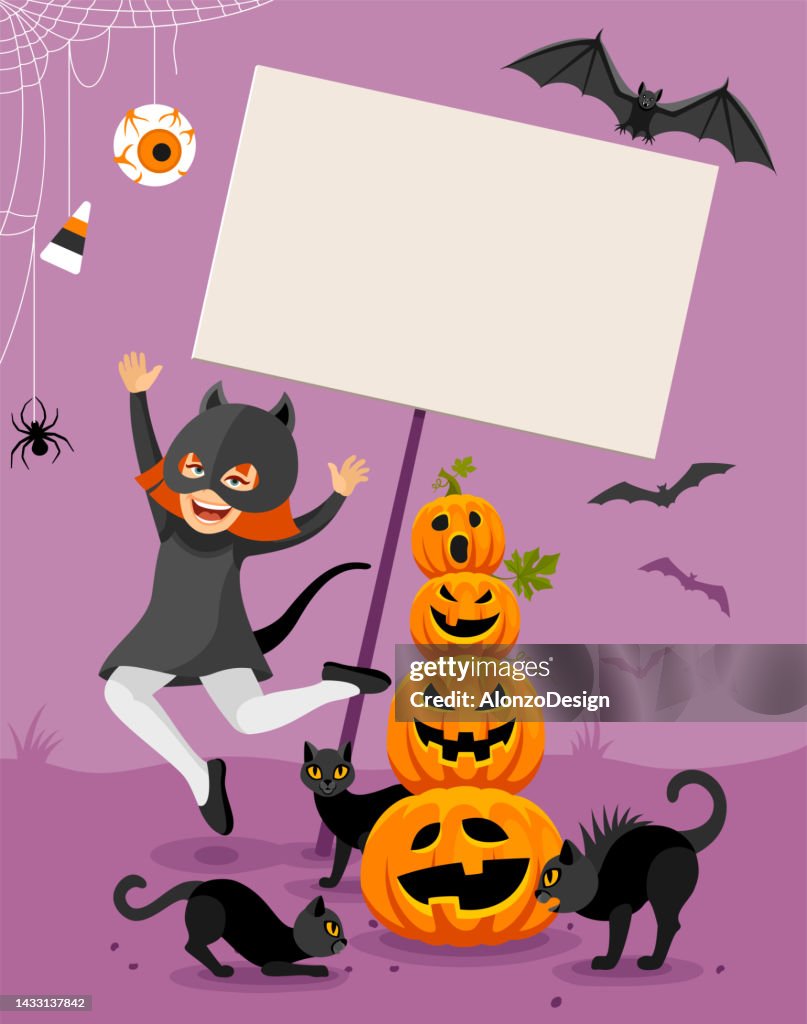 Halloween Party Poster. Girl in cat costume with pumpkins and banner sign. Funny Party.