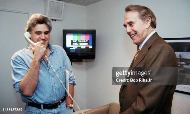 Comedian and Host of 'The Tonight Show' Jay Leno celebrated his 5th Anniversary Show Taping with U.S. Senator Bob Dole and Jerry Seinfeld backstage...