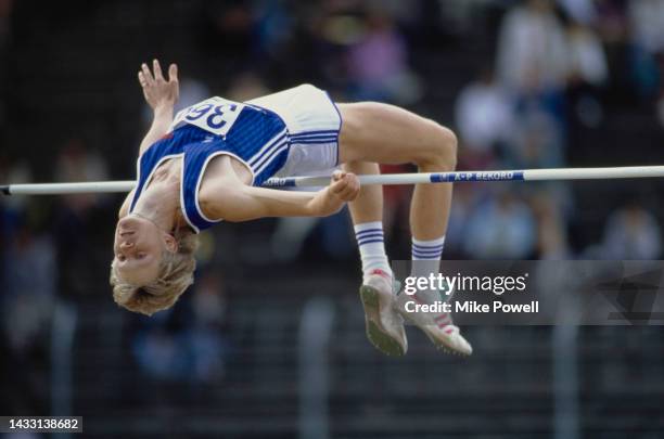 Thomas Mueller of the German Democratic Republic clears the bar during the Men's High Jump competition in the IAAF Mobil East Berlin Grand Prix on...