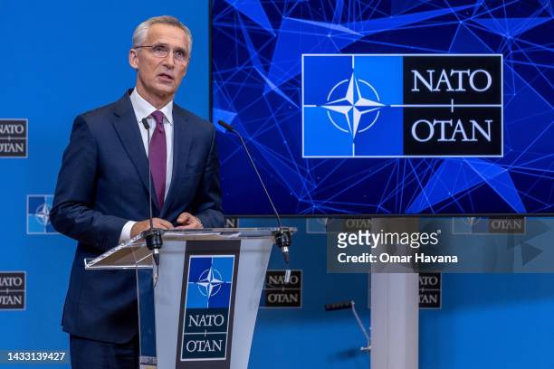 Secretary General Jens Stoltenberg holds a closing press conference during the second of two days of defence ministers' meetings at NATO headquarters...
