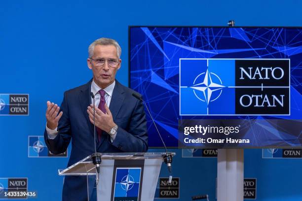 Secretary General Jens Stoltenberg holds a closing press conference during the second of two days of defence ministers' meetings at NATO headquarters...