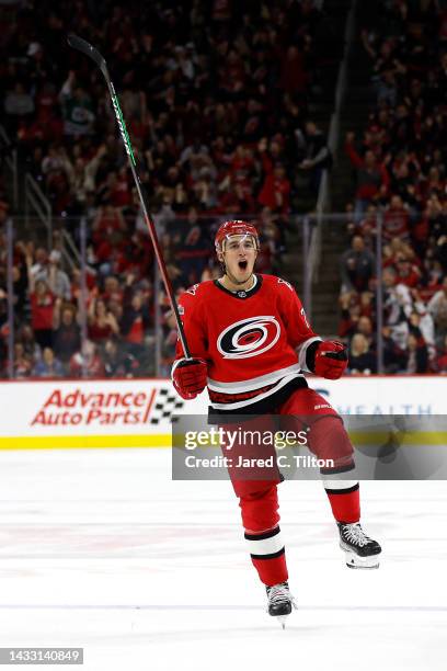 Brady Skjei of the Carolina Hurricanes celebrates after scoring a goal during the second period of the game against the Columbus Blue Jackets at PNC...