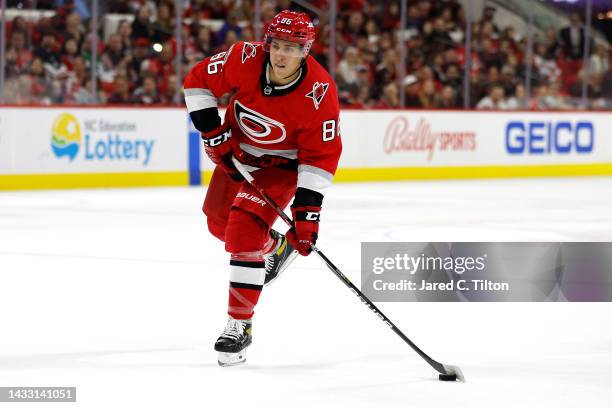Teuvo Teravainen of the Carolina Hurricanes attempts a shot during the second period of the game against the Columbus Blue Jackets at PNC Arena on...