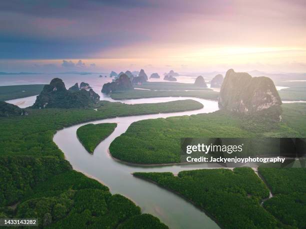 aerial view of river and karst peaks, phang nga bay, thailand - rainforest river stock pictures, royalty-free photos & images