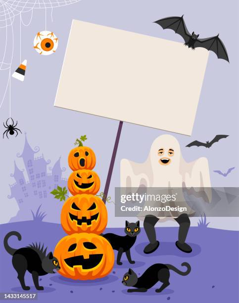 bildbanksillustrationer, clip art samt tecknat material och ikoner med halloween party poster. boy in ghost costume with pumpkins, cats and banner sign. funny party. - cover monster face