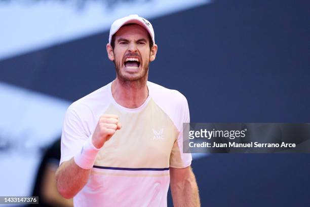 Andy Murray of Great Britain ccelebrates winning his match in his second round singles match against Pedro Cachin of Argentina during day four of...