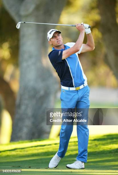 Benjamin Hebert of France plays their second shot on the 2nd during Day One of the Estrella Damm N.A. Andalucía Masters at Real Club Valderrama on...