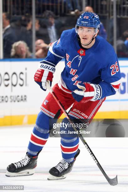 Jimmy Vesey of the New York Rangers skates against the Tampa Bay Lightning at Madison Square Garden on October 11, 2022 in New York City.