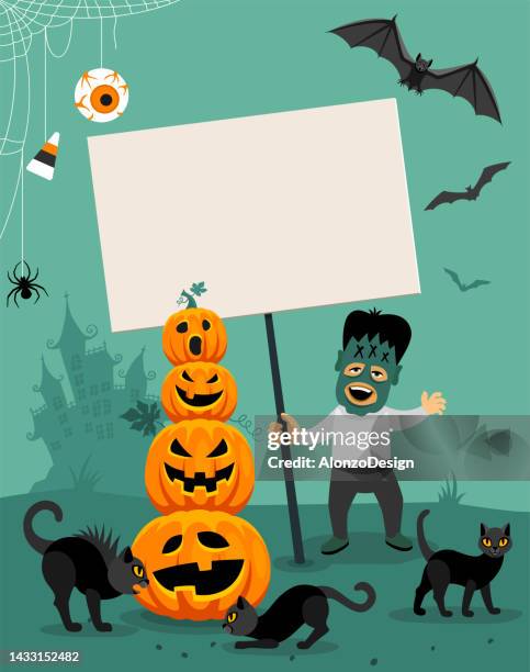 halloween party poster. boy in monster costume with pumpkins, cats and banner sign. funny party. - cover monster face stock illustrations