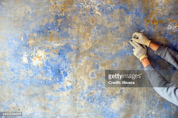 professional restorer restoring antique chapel fresco in italy - restoring art stock pictures, royalty-free photos & images