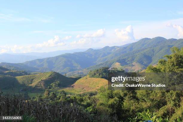 mountain landscape panorama with mountain ridges - akha stock pictures, royalty-free photos & images