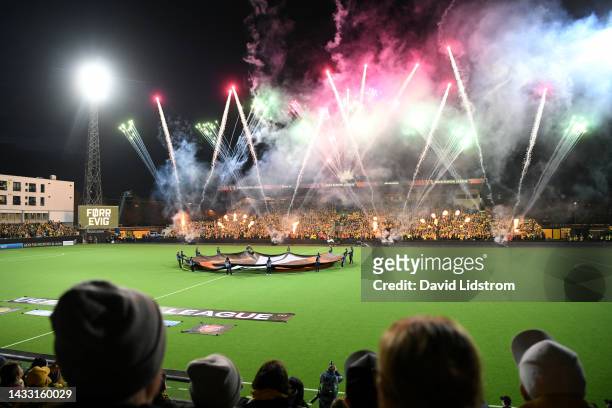 General view of the inside of the stadium as a fireworks and pyrotechnics display takes place prior to kick off of the UEFA Europa League group A...