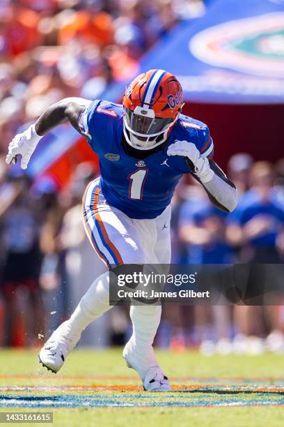 Brenton Cox Jr. #1 of the Florida Gators rushes the passer during the first half of a game against the Missouri Tigers at Ben Hill Griffin Stadium on...