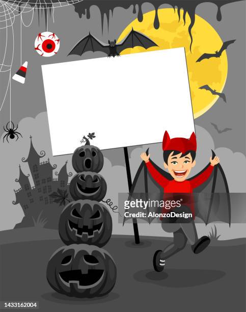 halloween party poster. boy in count dracula costume. funny party. - cover monster face stock illustrations