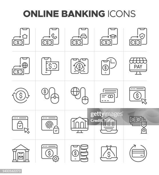 online banking icon set. mobile banking symbol. online payments, money transfer, virtual card and more - electronic banking stock illustrations