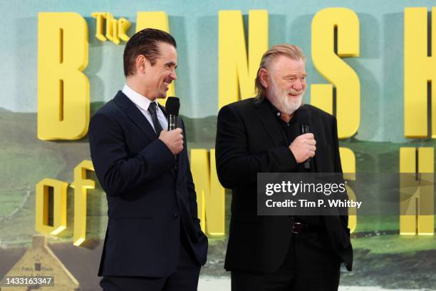 Colin Farrell and Brendan Gleeson speak onstage ahead of "The Banshees of Inisherin" UK Premiere during the 66th BFI London Film Festival at The...