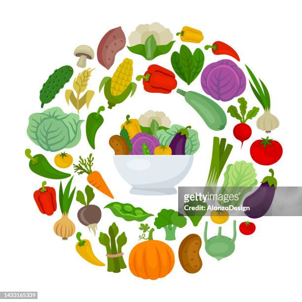 illustrazioni stock, clip art, cartoni animati e icone di tendenza di composizione rotonda di verdure. ciotola con verdure fresche. bioalimento. - verdure