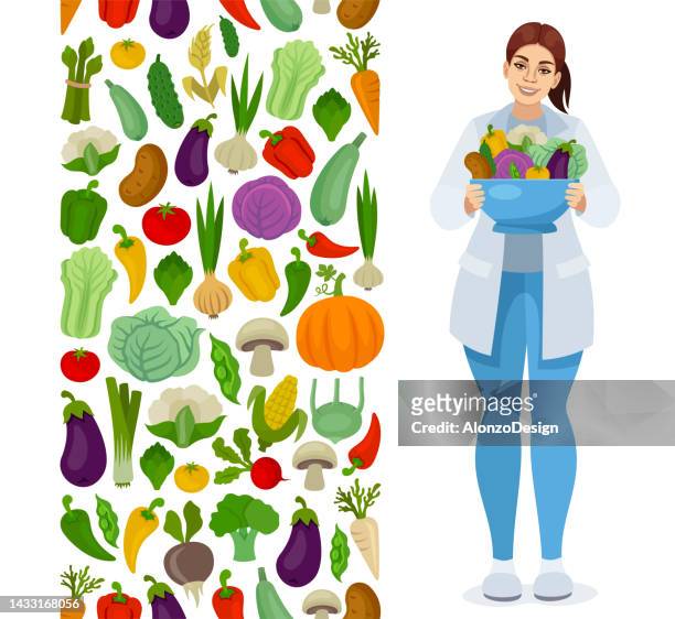 ilustraciones, imágenes clip art, dibujos animados e iconos de stock de comida vegana. doctora promotora para una vida saludable. patrón de verduras. - nutricionista