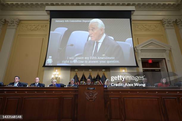 Video of Roger Stone, a long time conservative political operative and consultant, is played during a hearing by the House Select Committee to...