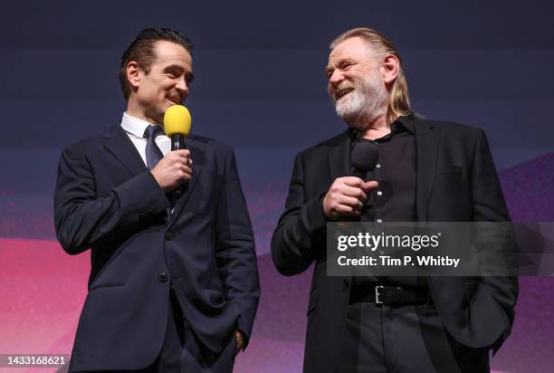 Colin Farrell and Brendan Gleeson speaks on stage as they attend "The Banshees of Inisherin" UK Premiere during the 66th BFI London Film Festival at...