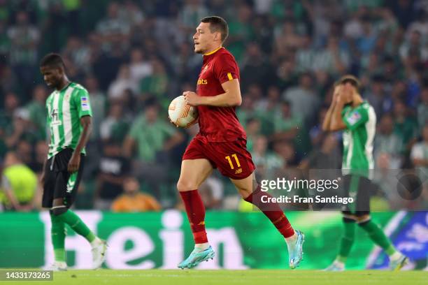 Andrea Belotti of AS Roma celebrates scoring their side's first goal during the UEFA Europa League group C match between Real Betis and AS Roma at...
