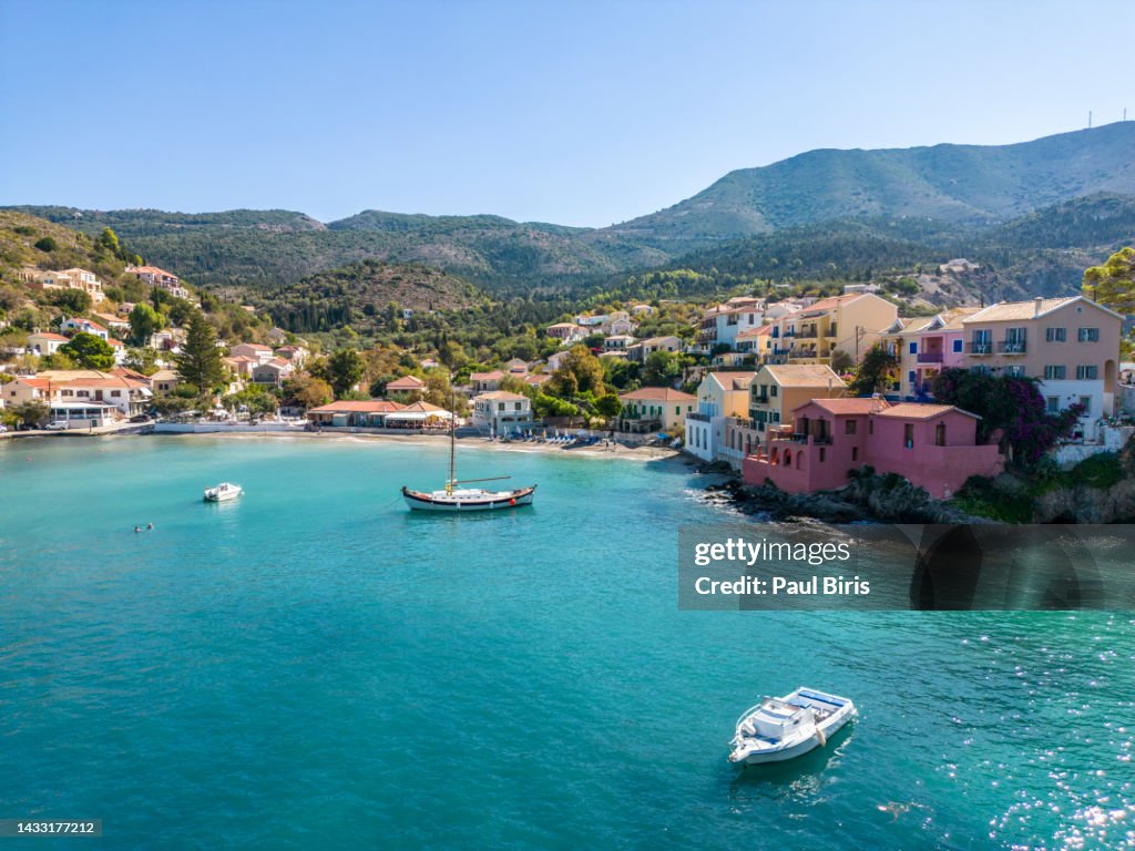 Panoramic aerial view to the picturesque fishing village of Assos, Kefalonia, Greece